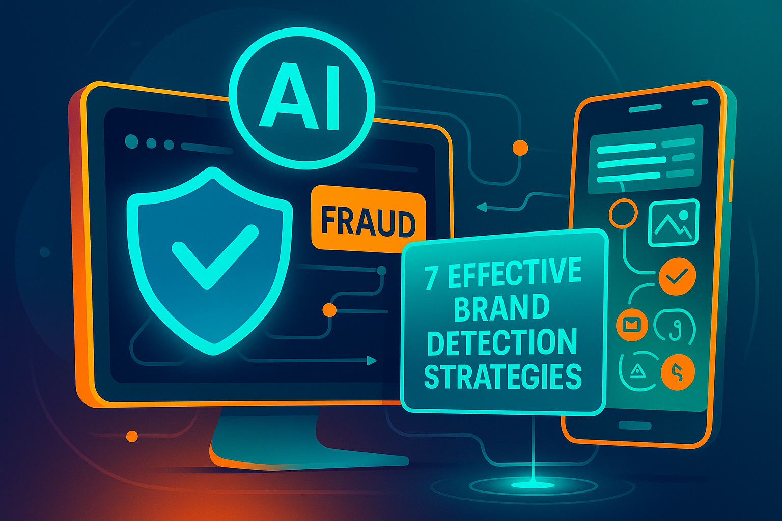 AI Brand Detection Strategies — Fluorescent Edition AI brand protection illustration — teal dashboards with shield icons and workflow automation